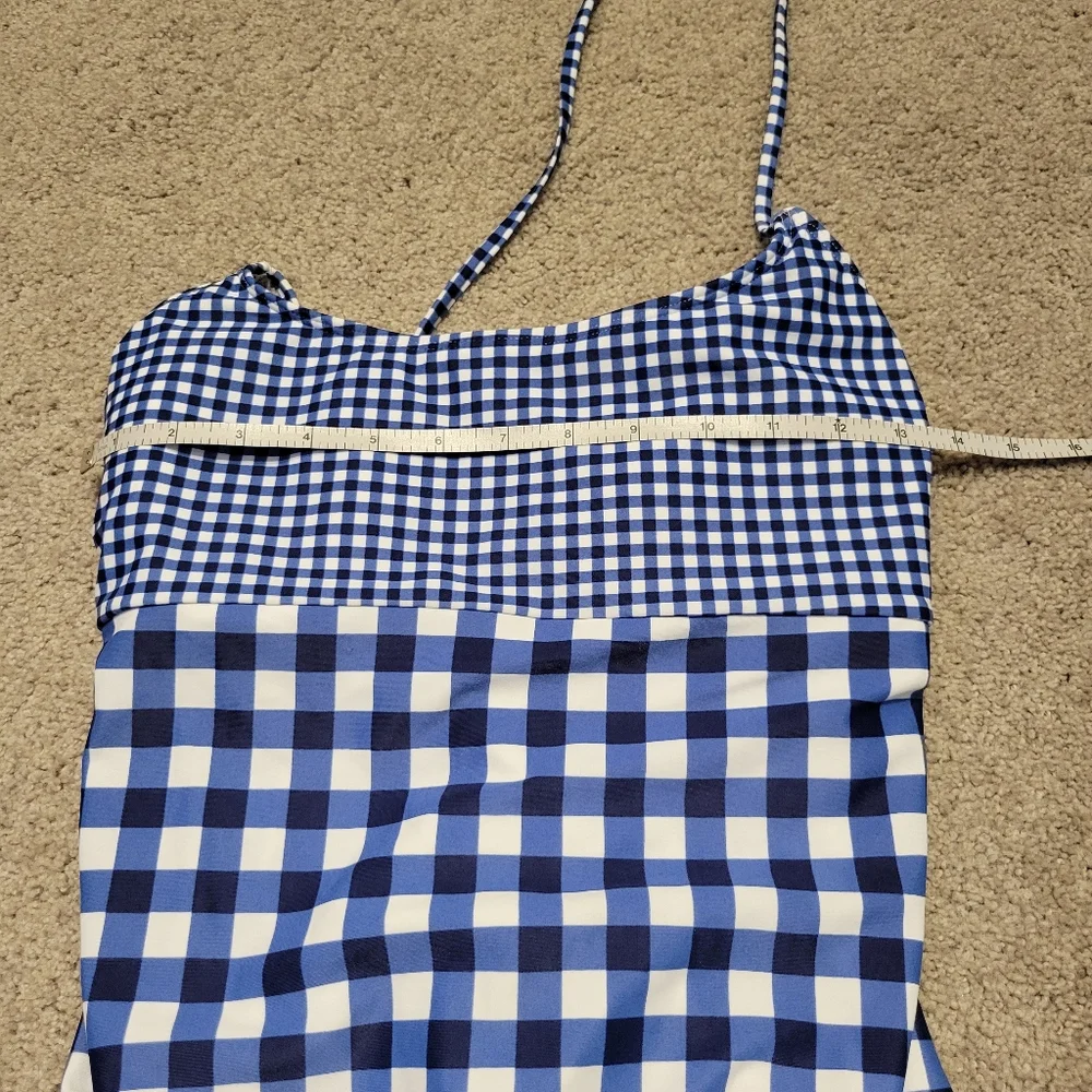 Lands' End Lace Up Blue Gingham Swimsuit One-Piece Sunrise Collection